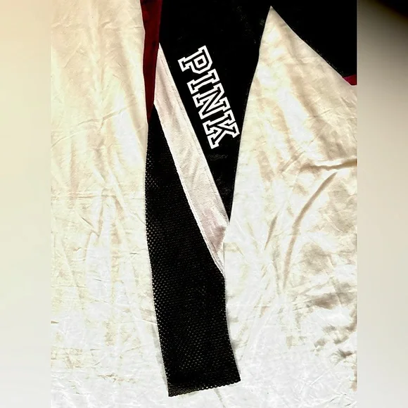 PINK by VS XS leggings Dark Gray Burgundy White fishnet & hidden pockets EUC - Picture 3 of 7